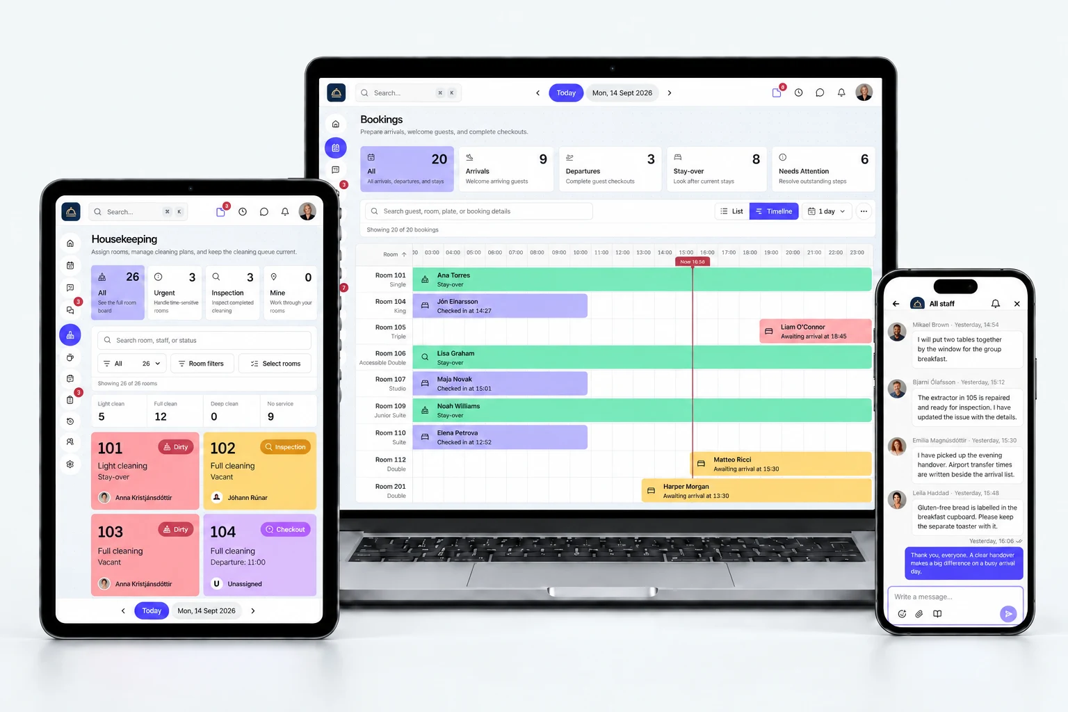 Roomflow device visualisation: the guest-stay timeline on a laptop, housekeeping and room readiness on a tablet, and team chat on a phone.