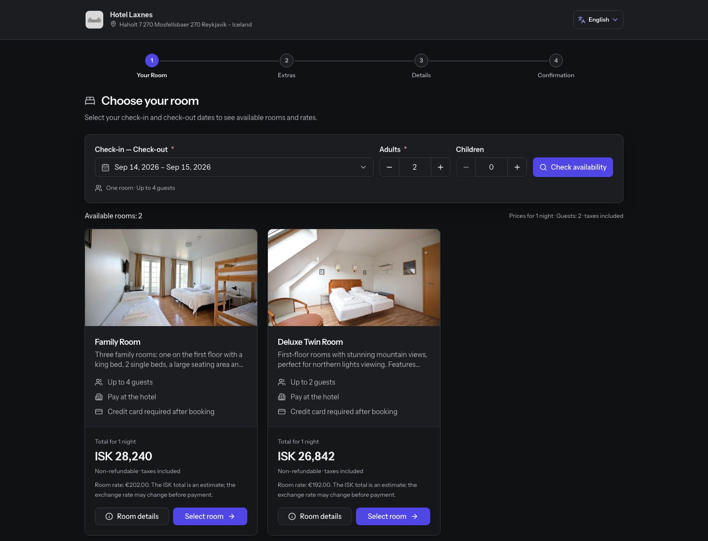 Roomflow's Hotel Laxnes booking page with stay dates, guest counts, room photos, availability, and rates.