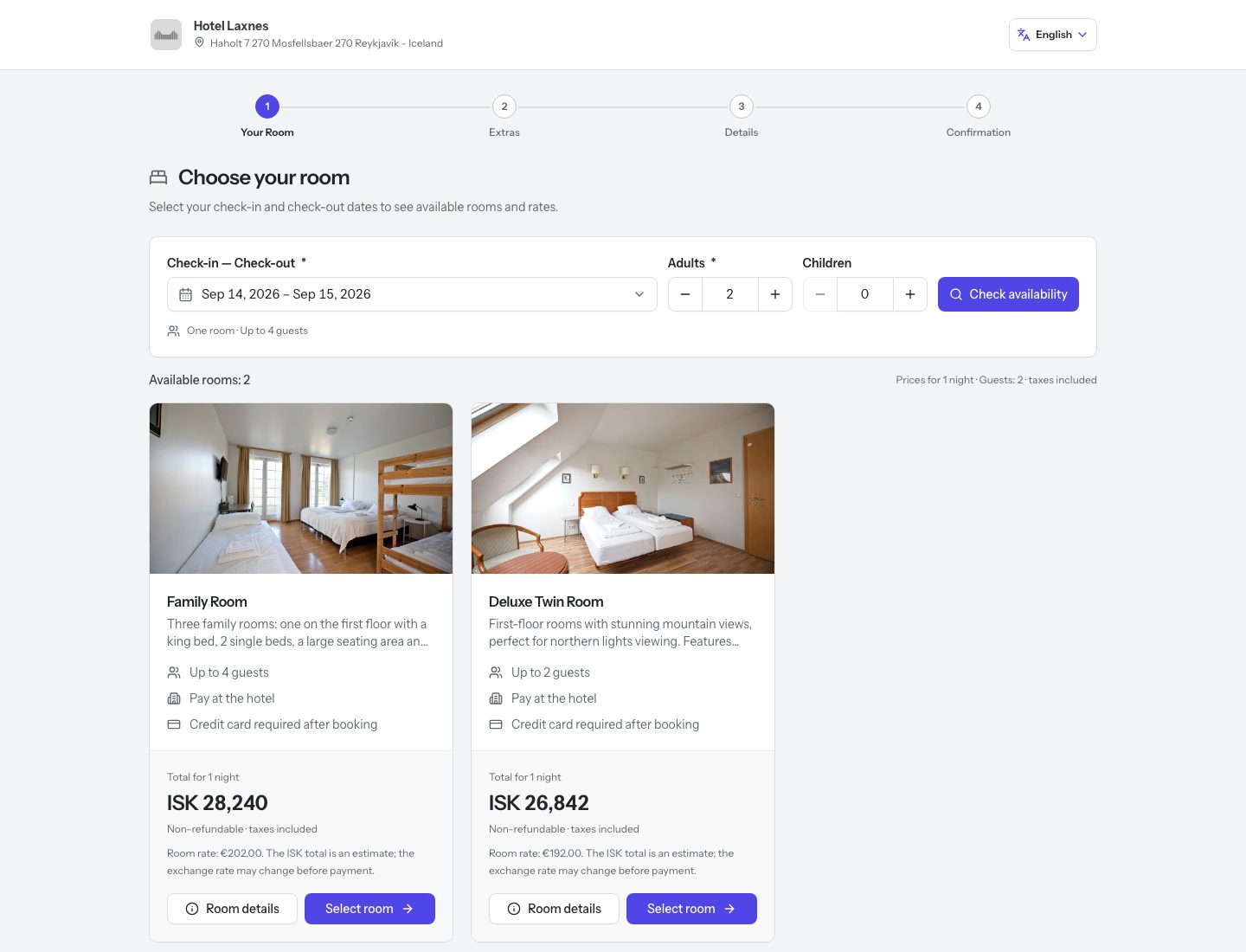 Roomflow's Hotel Laxnes booking page with stay dates, guest counts, room photos, availability, and rates.