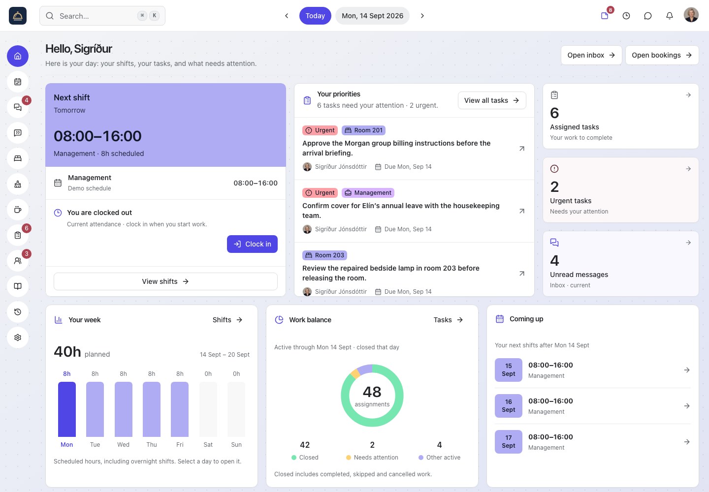 The current Roomflow dashboard showing a personal shift, priorities, messages, and the week ahead.