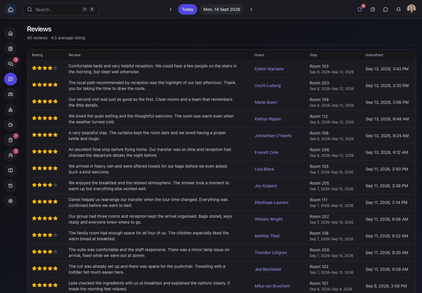 Actual Roomflow Reviews page with fictional guest ratings, written feedback, average rating, and links to the related stays.