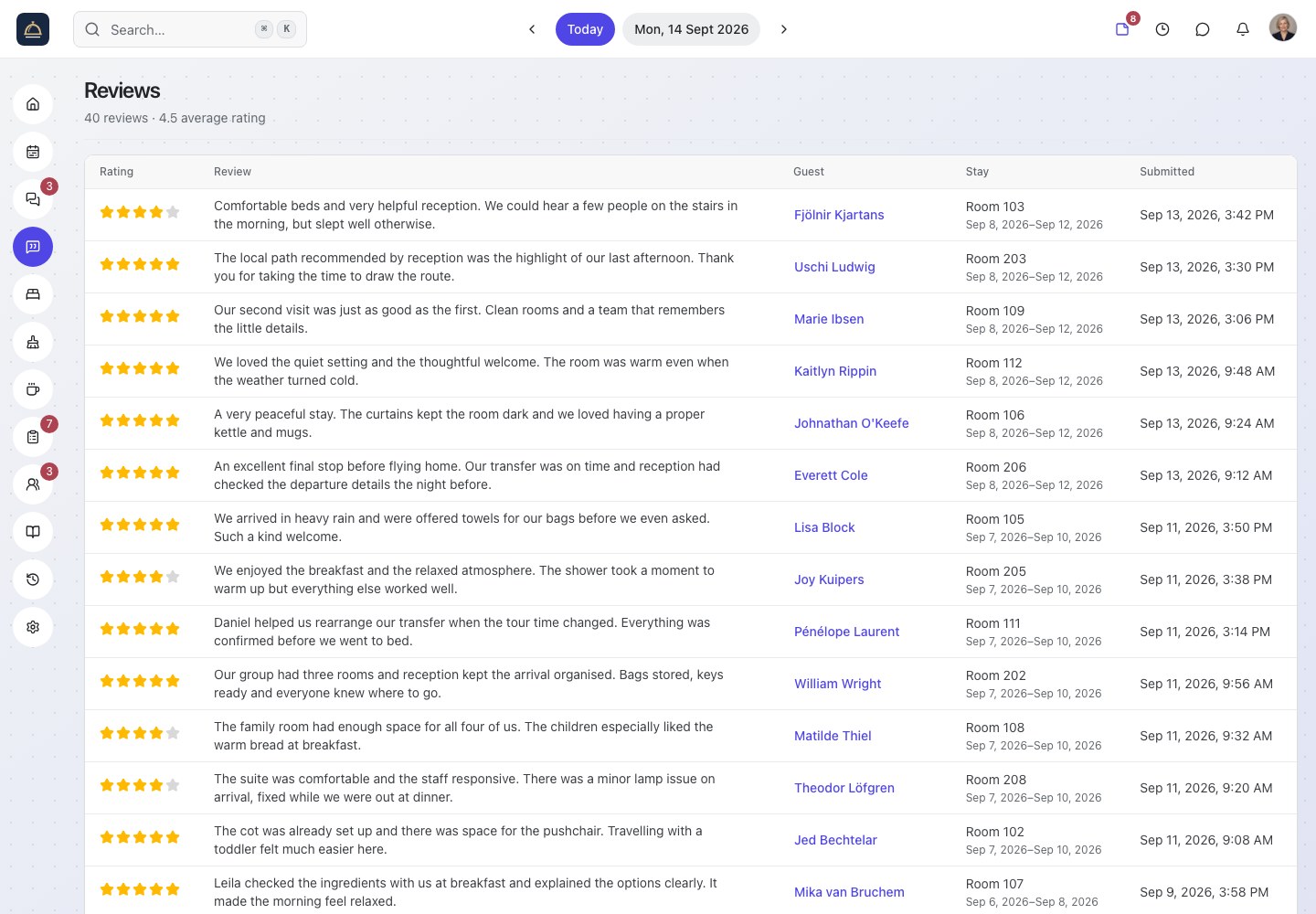 Actual Roomflow Reviews page with fictional guest ratings, written feedback, average rating, and links to the related stays.