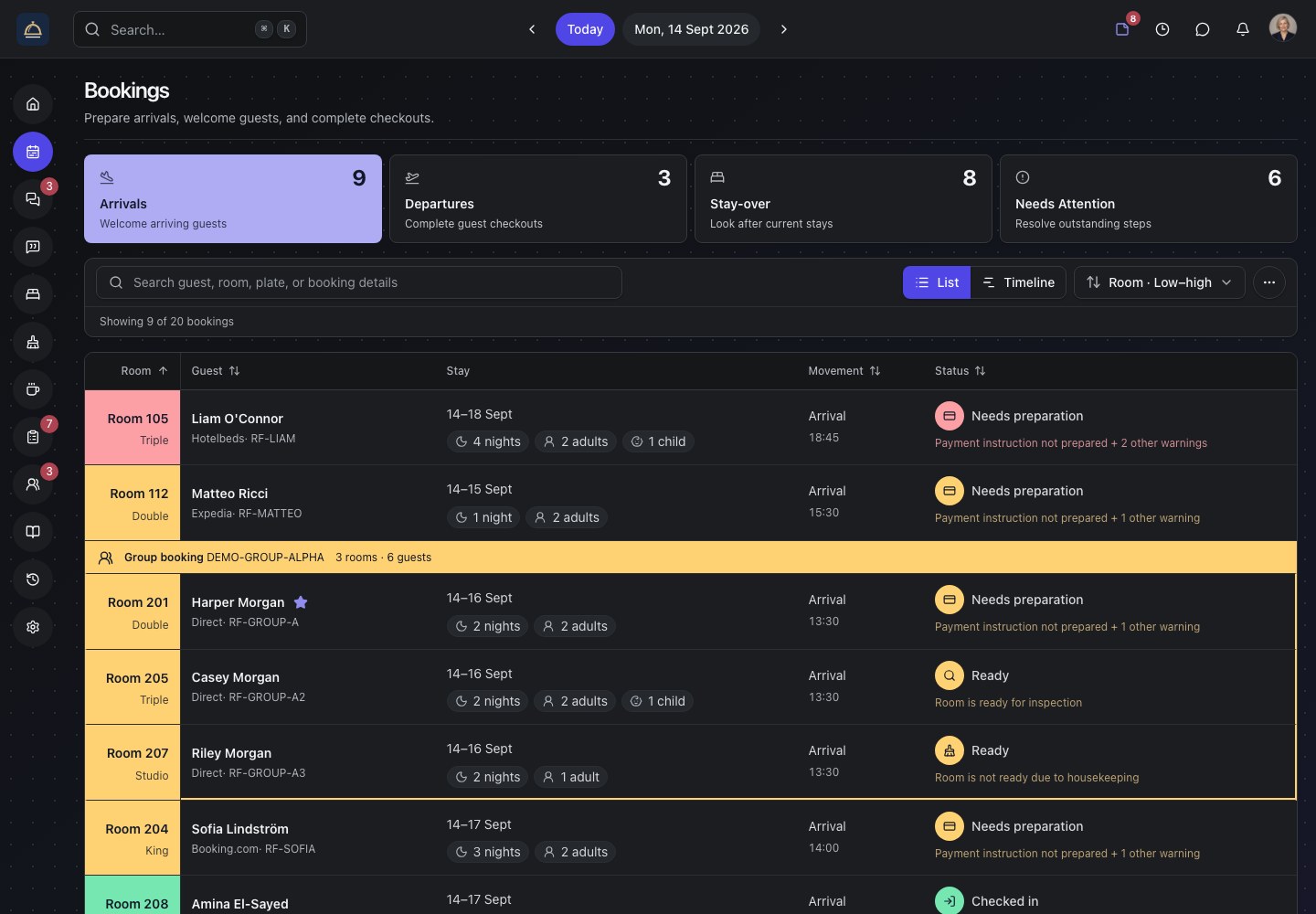 Roomflow bookings workspace showing guest reservations, arrivals, and room readiness.