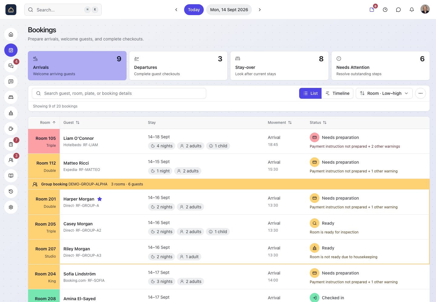 Roomflow bookings workspace showing guest reservations, arrivals, and room readiness.