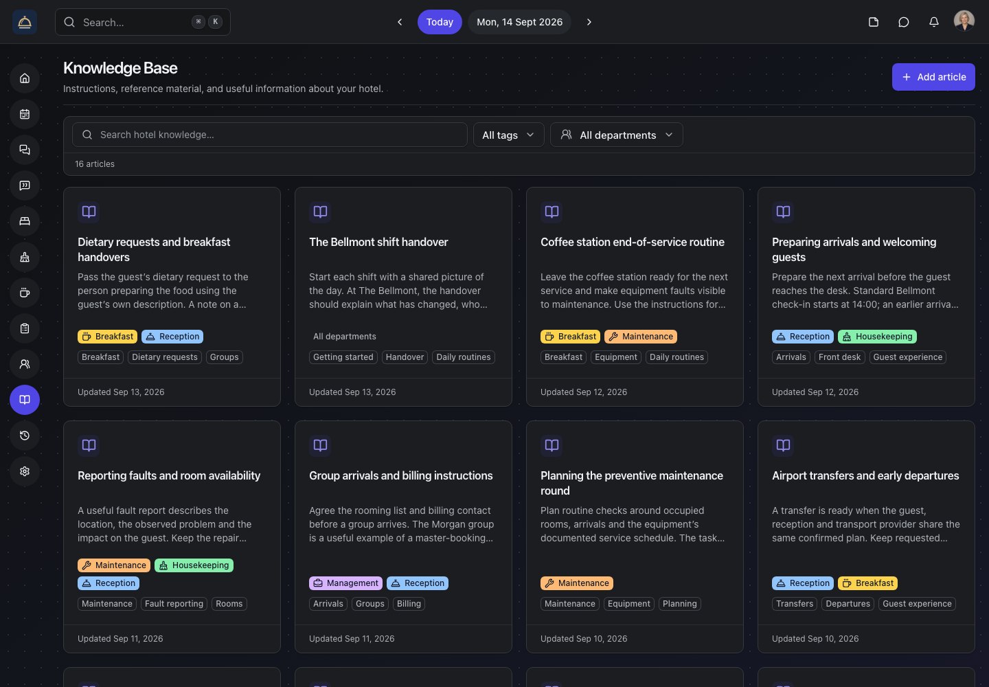 Roomflow's searchable hotel knowledge base with department filters, tags, and practical guides for the fictional Bellmont team.