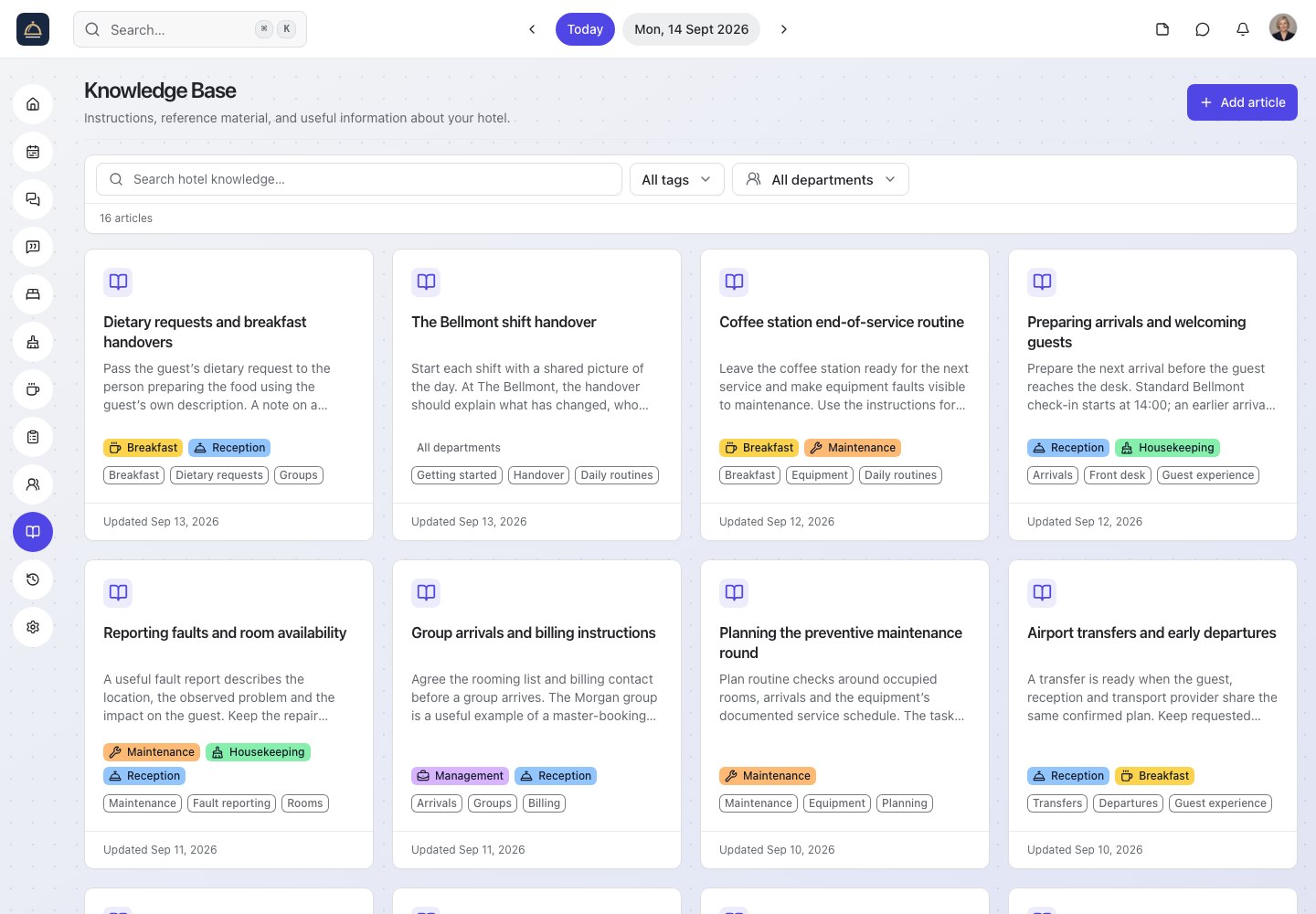 Roomflow's searchable hotel knowledge base with department filters, tags, and practical guides for the fictional Bellmont team.