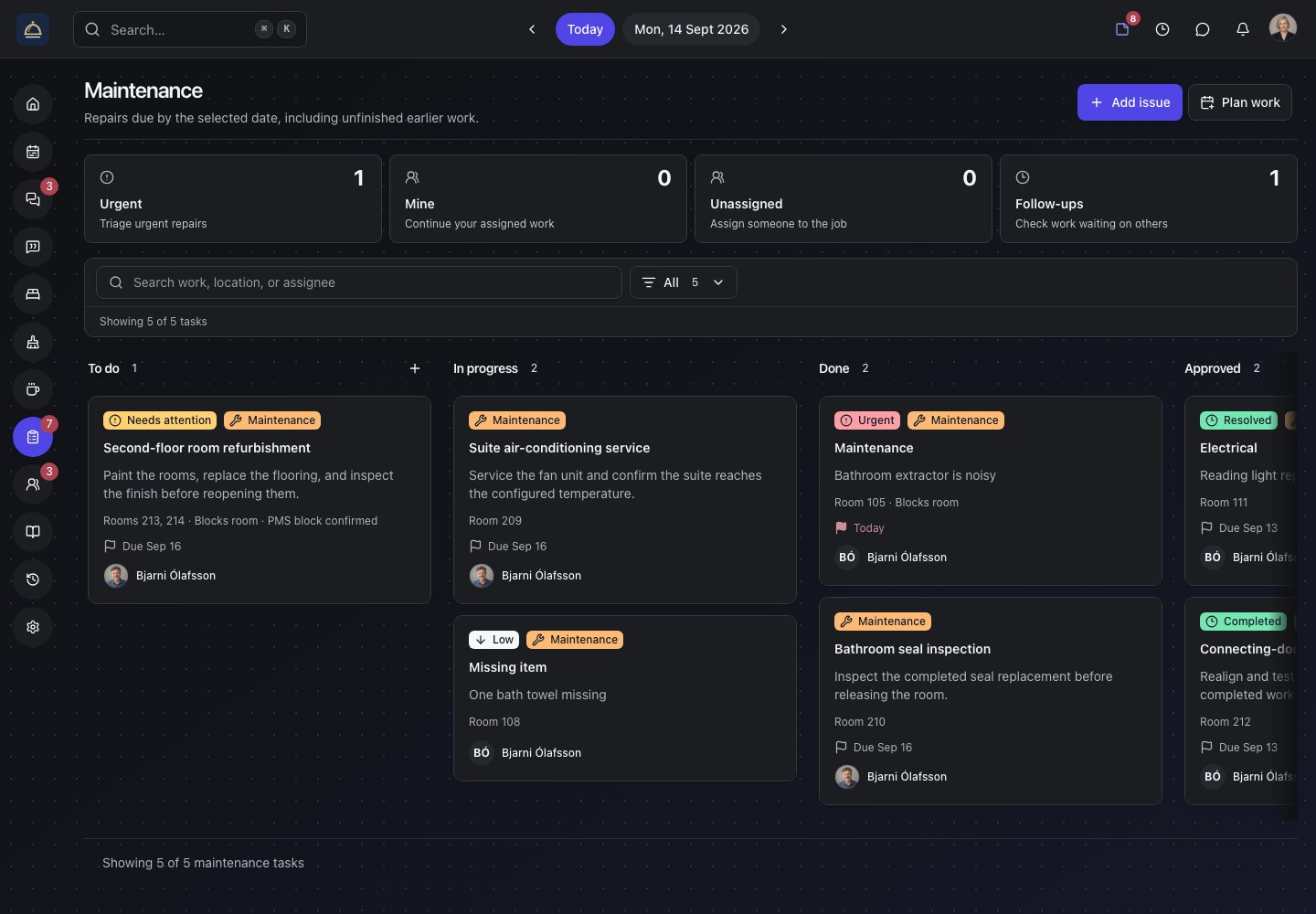 Roomflow maintenance board with to-do, in-progress, and inspection columns for issues and planned work.