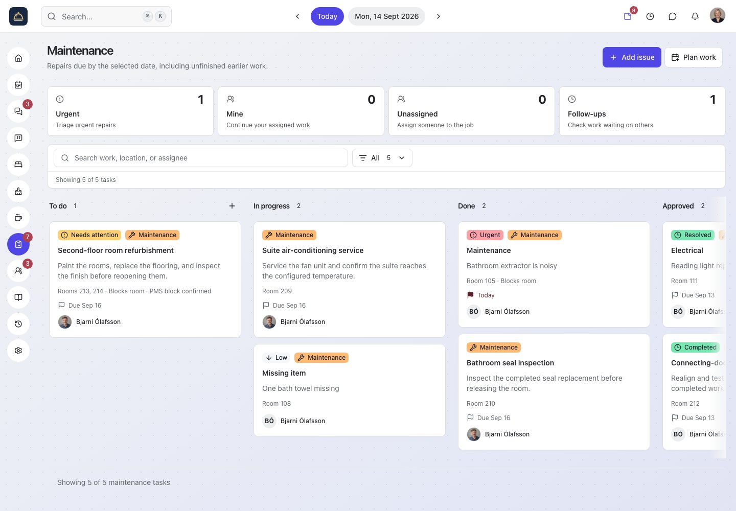 Roomflow maintenance board with to-do, in-progress, and inspection columns for issues and planned work.