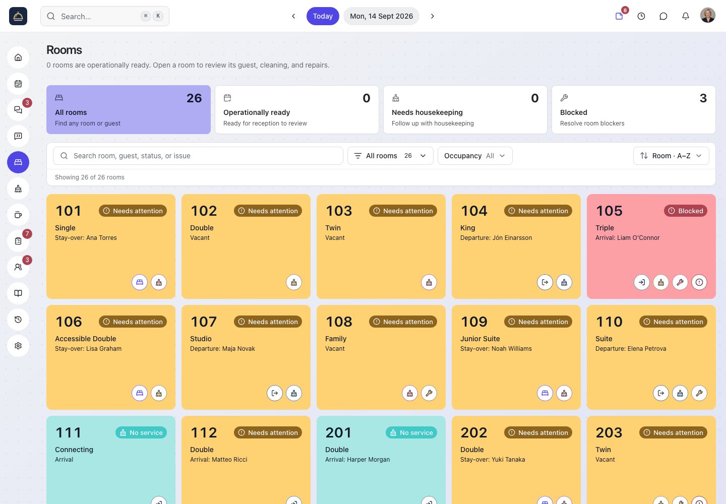 Actual Roomflow room management showing occupancy, guests, housekeeping status, maintenance, and room-readiness priorities for the fictional Bellmont Hotel.