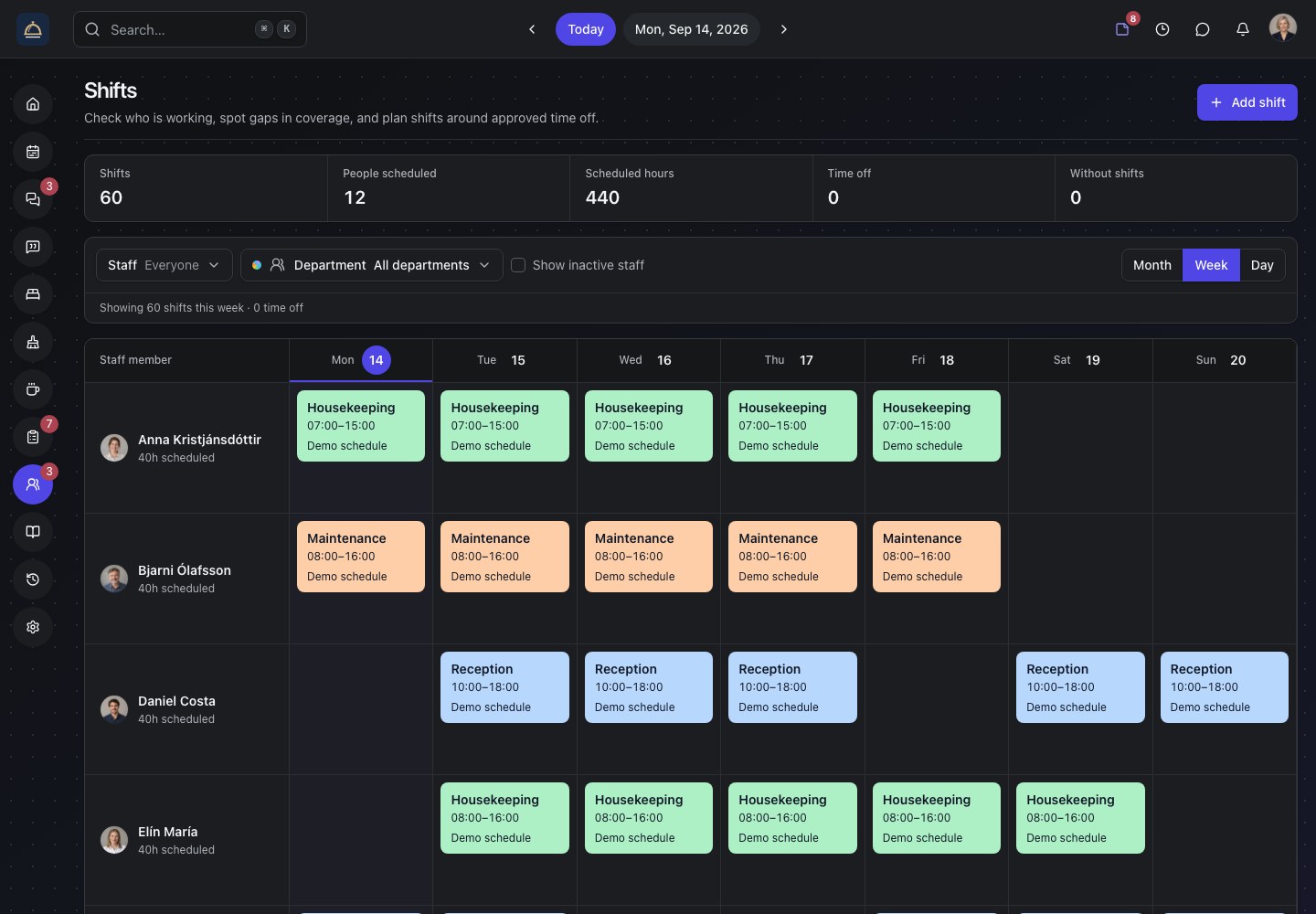 Roomflow weekly staff schedule with department-coloured shifts for the demo hotel's team.
