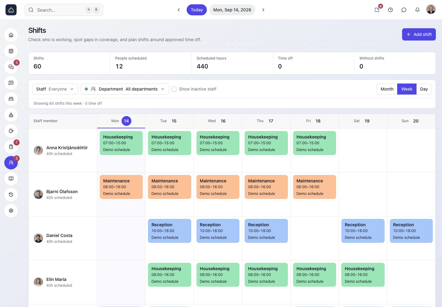 Roomflow weekly staff schedule with department-coloured shifts for the demo hotel's team.