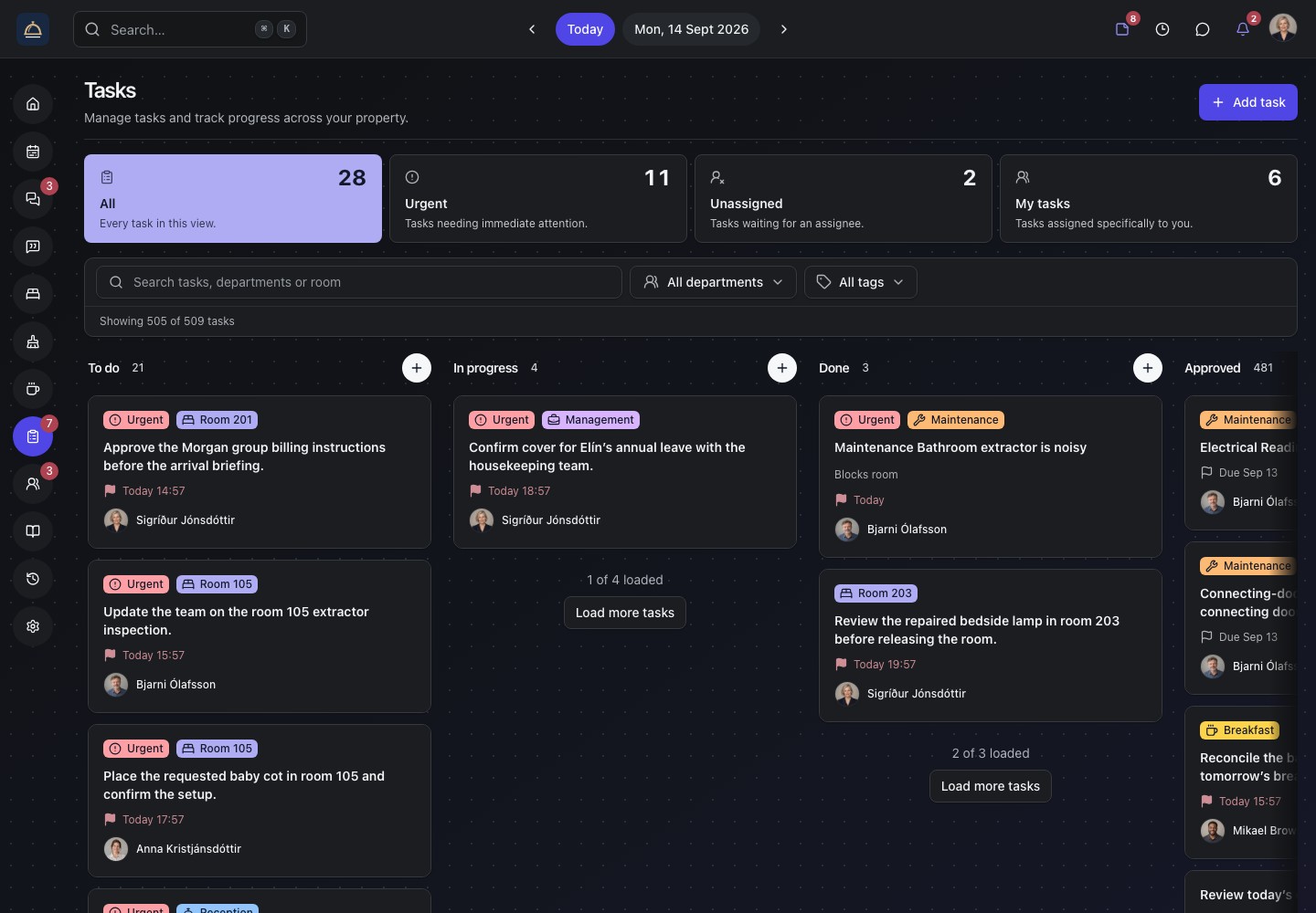 Roomflow task boards with department assignments, priorities, and progress tracking.