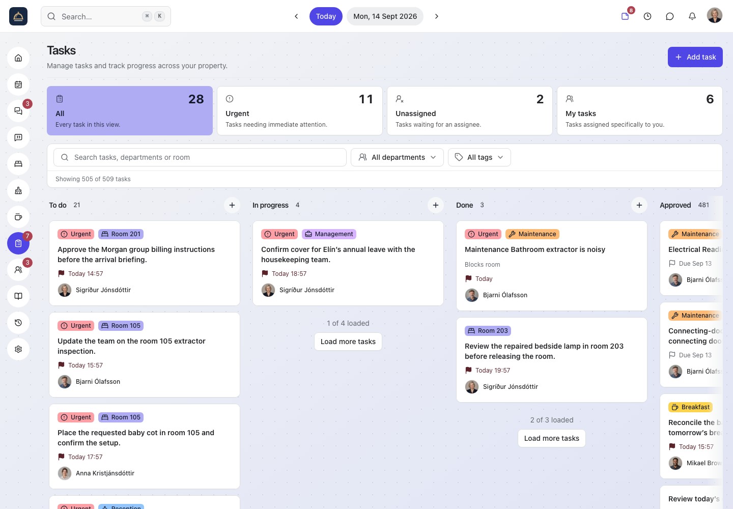 Roomflow task boards with department assignments, priorities, and progress tracking.