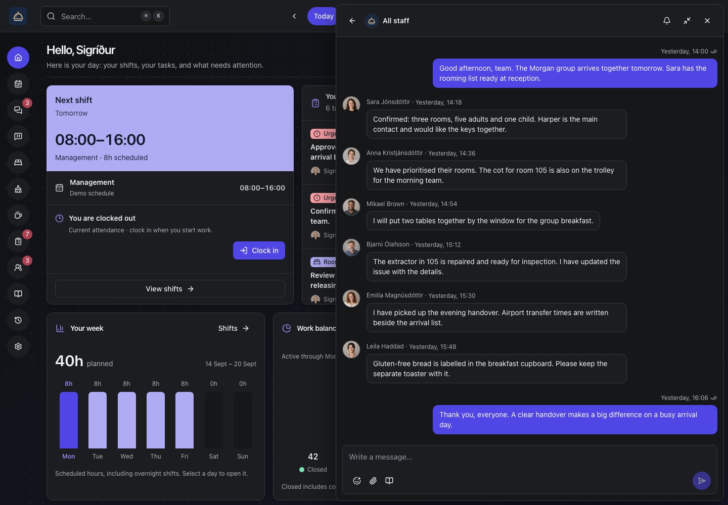 Roomflow's persistent team chat window with all-staff handovers, reactions, and read indicators alongside the dashboard.
