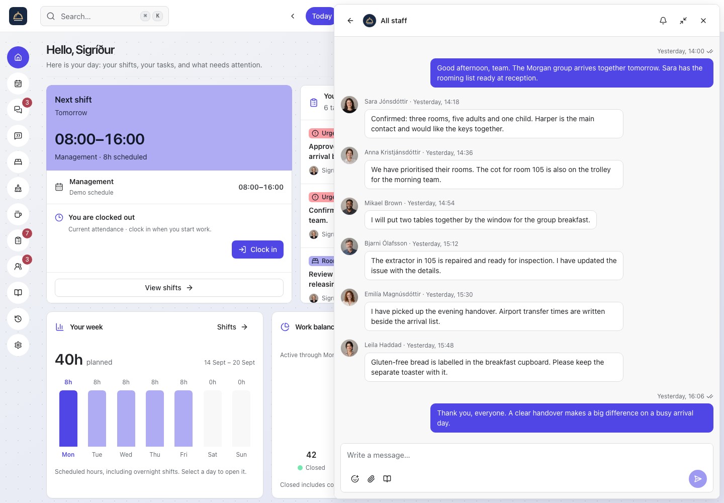 Roomflow's persistent team chat window with all-staff handovers, reactions, and read indicators alongside the dashboard.